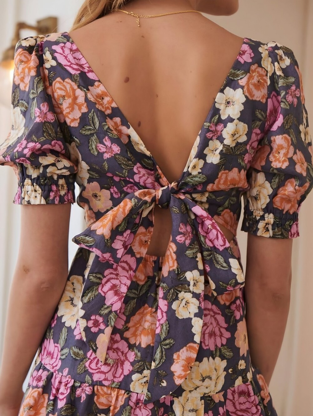 Kivari Linen Floral Purple Orange Tiered Tie Back Dress, 6